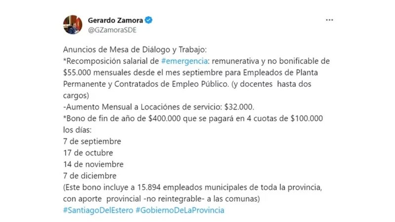 Gerardo Zamora anunció un bono de $400 mil para los trabajadores públicos de Santiago del Estero