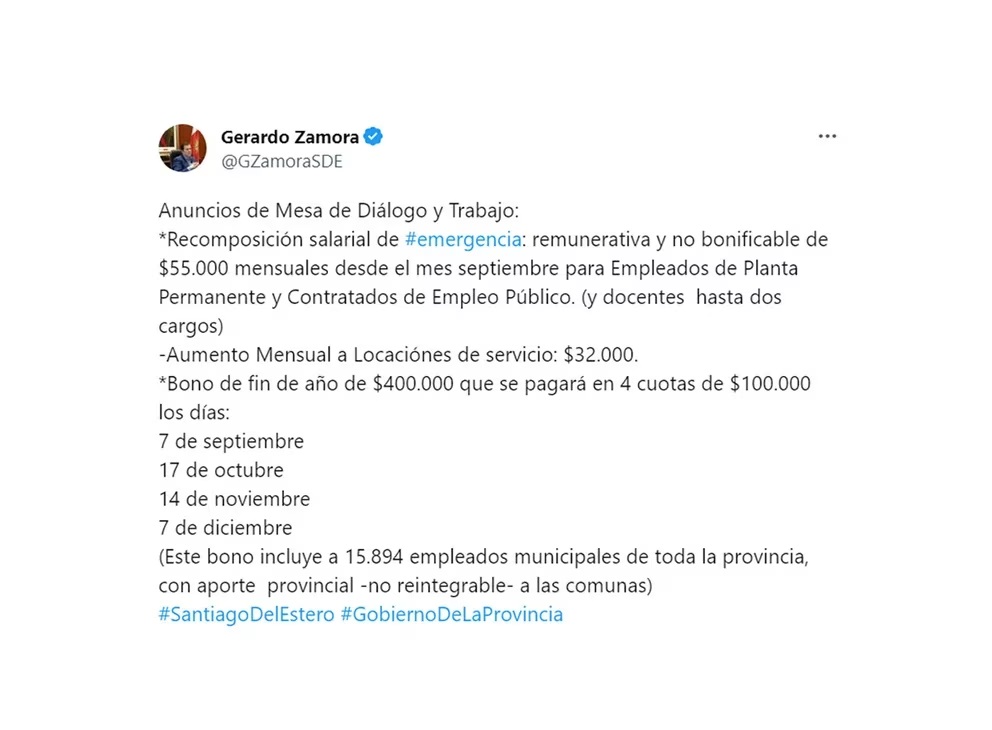 Gerardo Zamora anunció un bono de $400 mil para los trabajadores públicos de Santiago del Estero