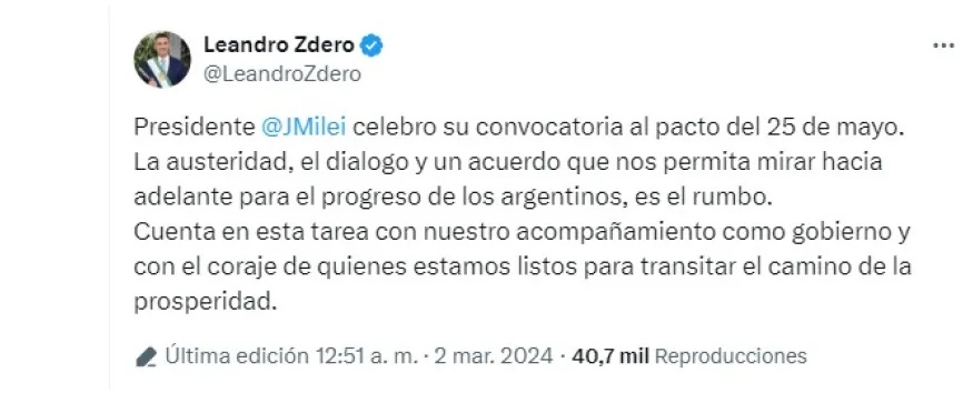 Leandro Zdero acompaña la convocatoria al pacto del 25 de Mayo de Milei: «Es el rumbo»