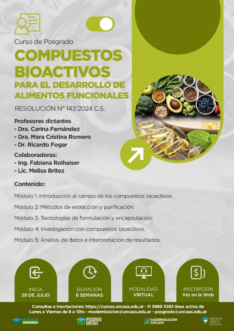 Abren inscripciones para el curso de Posgrado «Compuestos bioactivos para el desarrollo de alimentos funcionales»