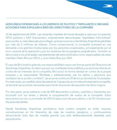 Tensión: Aerolíneas Argentinas demanda a los gremios aeronáuticos